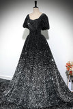 Black Silver Ombre Sequin Ball Gown with Puff Sleeves, Sparkly Floor-Length Prom Dress HZ0429