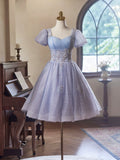 Light Purple Tulle Short Sleeves Homecoming Dress, Beautiful Knee Length Prom Party Dress HZ0429