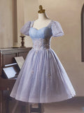 Light Purple Tulle Short Sleeves Homecoming Dress, Beautiful Knee Length Prom Party Dress HZ0429