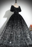Black Silver Ombre Sequin Ball Gown with Puff Sleeves, Sparkly Floor-Length Prom Dress HZ0429