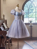 Light Purple Tulle Short Sleeves Homecoming Dress, Beautiful Knee Length Prom Party Dress HZ0429