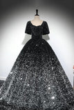 Black Silver Ombre Sequin Ball Gown with Puff Sleeves, Sparkly Floor-Length Prom Dress HZ0429