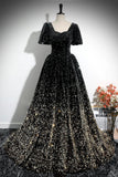 Black Gold Ombre Sequin Ball Gown with Puff Sleeves, Sparkly Floor-Length Prom Dress HZ0429