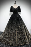 Black Gold Ombre Sequin Ball Gown with Puff Sleeves, Sparkly Floor-Length Prom Dress HZ0429