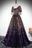 Pink Purple Ombre Sequin Ball Gown with Puff Sleeves, Sparkly Floor-Length Prom Dress HZ0429