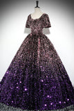 Pink Purple Ombre Sequin Ball Gown with Puff Sleeves, Sparkly Floor-Length Prom Dress HZ0429