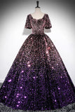 Pink Purple Ombre Sequin Ball Gown with Puff Sleeves, Sparkly Floor-Length Prom Dress HZ0429