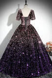 Pink Purple Ombre Sequin Ball Gown with Puff Sleeves, Sparkly Floor-Length Prom Dress HZ0429