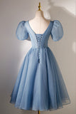 A-line V-neck Sequins Short Prom Dress, Blue Short Sleeve Evening Dress HZ0429
