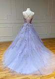 Purple Lace Long Prom Dresses, A-Line Backless Evening Dresses HZ0429