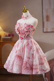 Pink Beads Pearl Sequins Short Party Dress, A-Line Strapless Evening Party Dress HZ0429