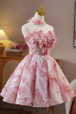 Pink Beads Pearl Sequins Short Party Dress, A-Line Strapless Evening Party Dress HZ0429