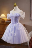 Lilac Lace Off the Shoulder Short Prom Dress, A-Line Birthday Party Dress HZ0429