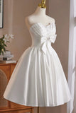 White Satin Short Prom Dress, Lovely A-Line Strapless Party Dress with Corset HZ0429