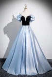 Black Velvet and Blue Satin Long Prom Dress, A-Line Short Sleeve Evening Party Dress HZ0429