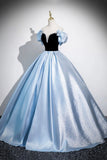 Black Velvet and Blue Satin Long Prom Dress, A-Line Short Sleeve Evening Party Dress HZ0429