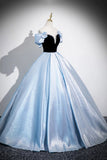 Black Velvet and Blue Satin Long Prom Dress, A-Line Short Sleeve Evening Party Dress HZ0429