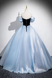 Black Velvet and Blue Satin Long Prom Dress, A-Line Short Sleeve Evening Party Dress HZ0429