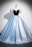 Black Velvet and Blue Satin Long Prom Dress, A-Line Short Sleeve Evening Party Dress HZ0429
