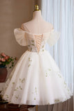 Champagne Tulle Floral Short Prom Dress, Beautiful A-Line Evening Party Dress HZ0429
