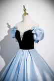 Black Velvet and Blue Satin Long Prom Dress, A-Line Short Sleeve Evening Party Dress HZ0429