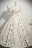 Champagne Satin Printed Long Prom Dress, Lovely A-Line Short Sleeve Party Dress HZ0429