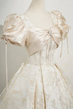 Champagne Satin Printed Long Prom Dress, Lovely A-Line Short Sleeve Party Dress HZ0429