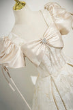 Champagne Satin Printed Long Prom Dress, Lovely A-Line Short Sleeve Party Dress HZ0429