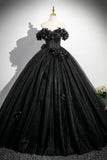 Black Tulle Flowers Long Prom Dress, Black A-Line Evening Party Dress HZ0429