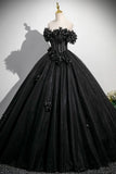 Black Tulle Flowers Long Prom Dress, Black A-Line Evening Party Dress HZ0429