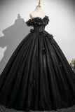 Black Tulle Flowers Long Prom Dress, Black A-Line Evening Party Dress HZ0429