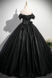 Black Tulle Flowers Long Prom Dress, Black A-Line Evening Party Dress HZ0429