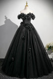 Black Tulle Flowers Long Prom Dress, Black A-Line Evening Party Dress HZ0429