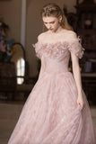 Pink Tulle Long Prom Dress, Beautiful A-Line Off the Shoulder Party Dress HZ0429