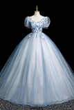 Blue Tulle Lace Long Prom Dress, Blue Short Sleeve Evening Party Dress HZ0429