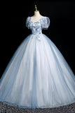 Blue Tulle Lace Long Prom Dress, Blue Short Sleeve Evening Party Dress HZ0429