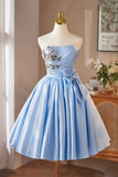 Blue Satin Short Prom Dress, Lovely A-Line Strapless Evening Party Dress HZ0429