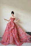 Beautiful Floral Print Long Prom Dress, Red A-Line Strapless Evening Dress HZ0429