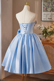 Blue Satin Short Prom Dress, Lovely A-Line Strapless Evening Party Dress HZ0429