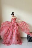 Beautiful Floral Print Long Prom Dress, Red A-Line Strapless Evening Dress HZ0429