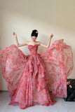 Beautiful Floral Print Long Prom Dress, Red A-Line Strapless Evening Dress HZ0429
