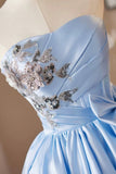 Blue Satin Short Prom Dress, Lovely A-Line Strapless Evening Party Dress HZ0429