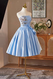 Blue Satin Short Prom Dress, Lovely A-Line Strapless Evening Party Dress HZ0429