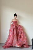 Beautiful Floral Print Long Prom Dress, Red A-Line Strapless Evening Dress HZ0429