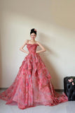 Beautiful Floral Print Long Prom Dress, Red A-Line Strapless Evening Dress HZ0429
