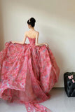Beautiful Floral Print Long Prom Dress, Red A-Line Strapless Evening Dress HZ0429