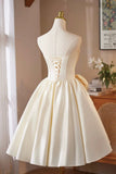 Champagne Satin Short Prom Dress, Lovely A-Line Strapless Party Dress with Corset HZ0429