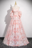 Pink Floral Print Long Prom Dress, Beautiful A-Line Evening Party Dress HZ0429