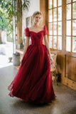 Burgundy Scoop Neckline Tulle Long Prom Dress, A-Line Evening Dress with Beading HZ0429