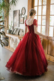 Burgundy Scoop Neckline Tulle Long Prom Dress, A-Line Evening Dress with Beading HZ0429